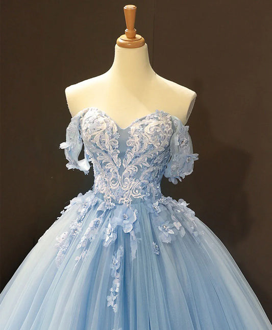 Vestido de fiesta azul con escote corazón y flores para quinceañeras, vestido azul con hombros descubiertos para fiesta de boda TP1284