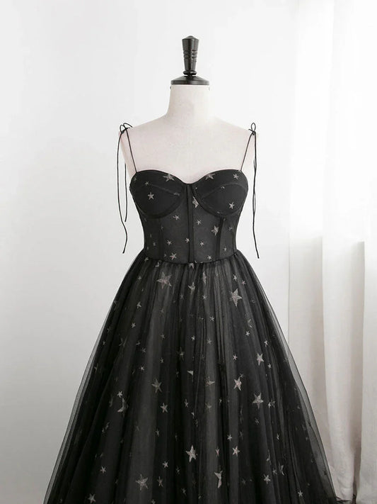 Blavk Sweetheart Straps A-line Long Tulle Prom Dress, Black Evening Party Dress TP1285