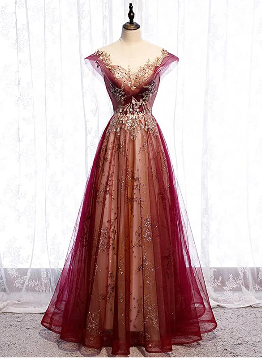 Vestido de fiesta de tul rojo vino degradado con escote en forma de corazón, corte A, vestido formal encantador TP1286
