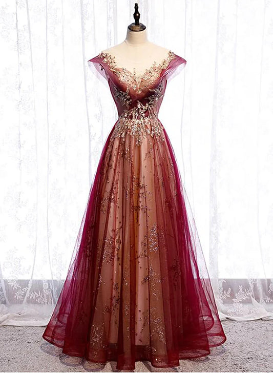 Vestido de fiesta de tul rojo vino degradado con escote en forma de corazón, corte A, vestido formal encantador TP1286