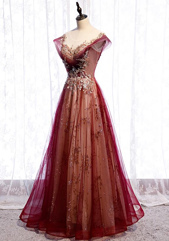 Vestido de fiesta de tul rojo vino degradado con escote en forma de corazón, corte A, vestido formal encantador TP1286