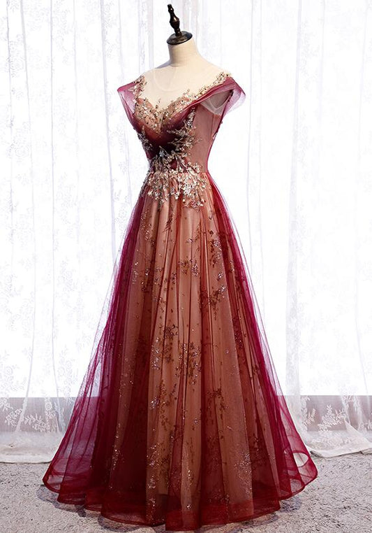 Vestido de fiesta de tul rojo vino degradado con escote en forma de corazón, corte A, vestido formal encantador TP1286