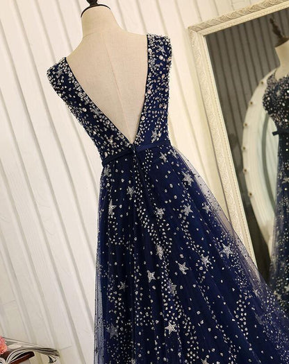 Vestido formal largo de tul azul, corte A, sencillo, para fiesta de graduación, TP1287