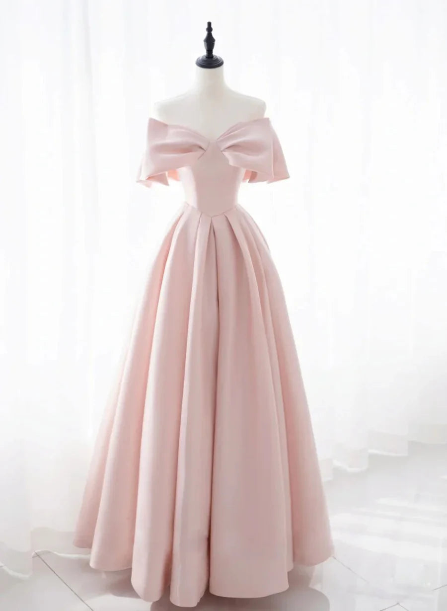 Vestido de fiesta de satén rosa con escote corazón y lazo, vestido de fiesta largo rosa TP1293