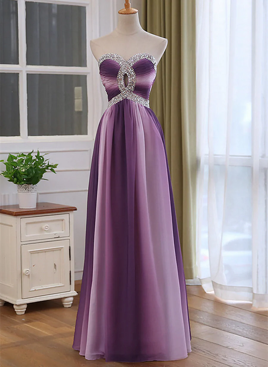 Vestido de fiesta de gasa con escote en forma de corazón, con cuentas y degradado morado, corte A, TP1294