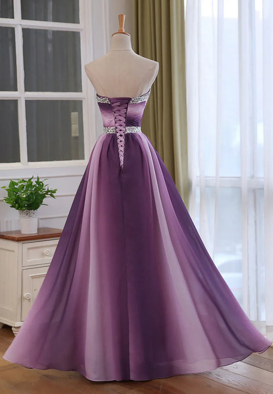 Vestido de fiesta de gasa con escote en forma de corazón, con cuentas y degradado morado, corte A, TP1294