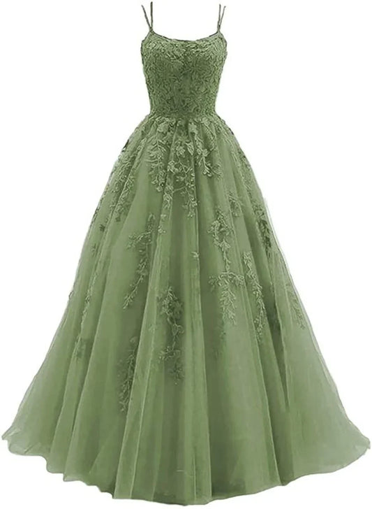 Vestido de fiesta largo de tul con tirantes verde claro y cordones, vestido de noche verde, vestido de graduación TP1297