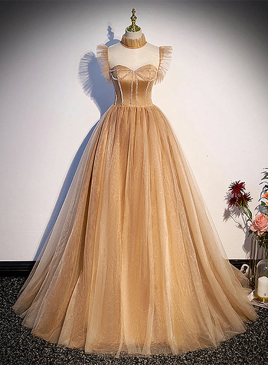 Vestido de fiesta de tul con escote alto y cuentas, estilo champán, TP1300