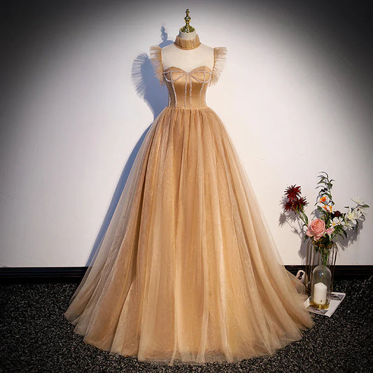 Vestido de fiesta de tul con escote alto y cuentas, estilo champán, TP1300