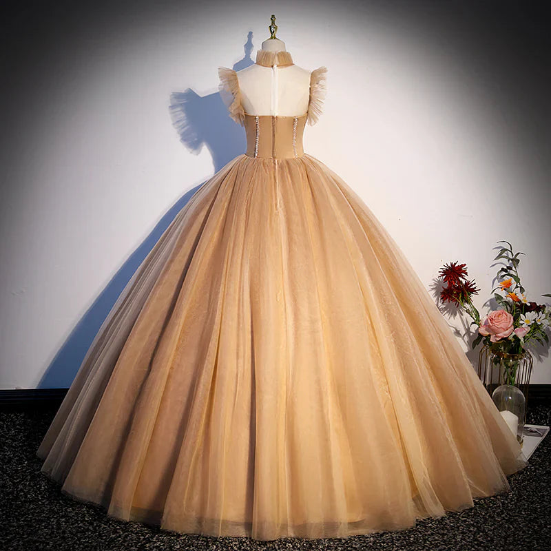 Vestido de fiesta de tul con escote alto y cuentas, estilo champán, TP1300