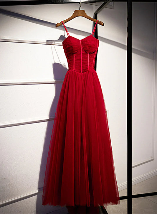 Vestido de fiesta rojo con escote en forma de A y tul, vestido de noche rojo, vestido de fiesta TP1301