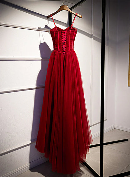Vestido de fiesta rojo con escote en forma de A y tul, vestido de noche rojo, vestido de fiesta TP1301