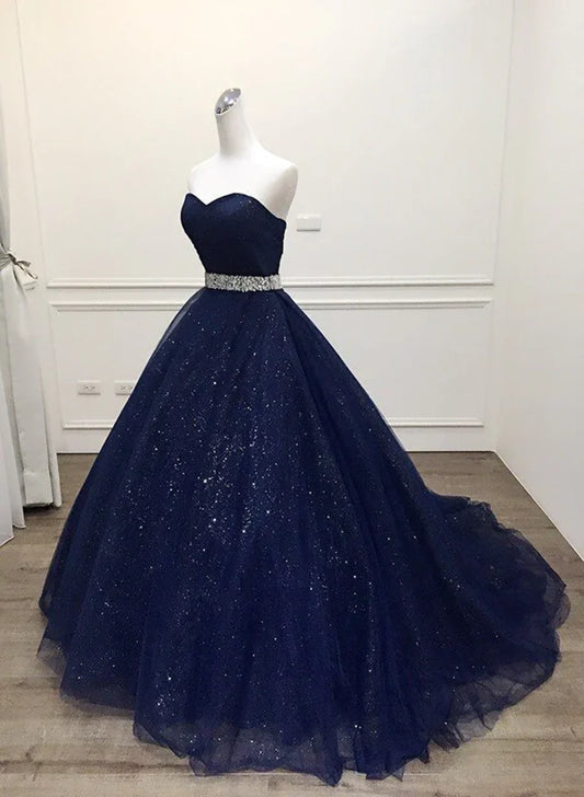 Vestido de fiesta de quinceañera de tul azul marino con cuentas, vestido de fiesta de tul azul brillante TP1303
