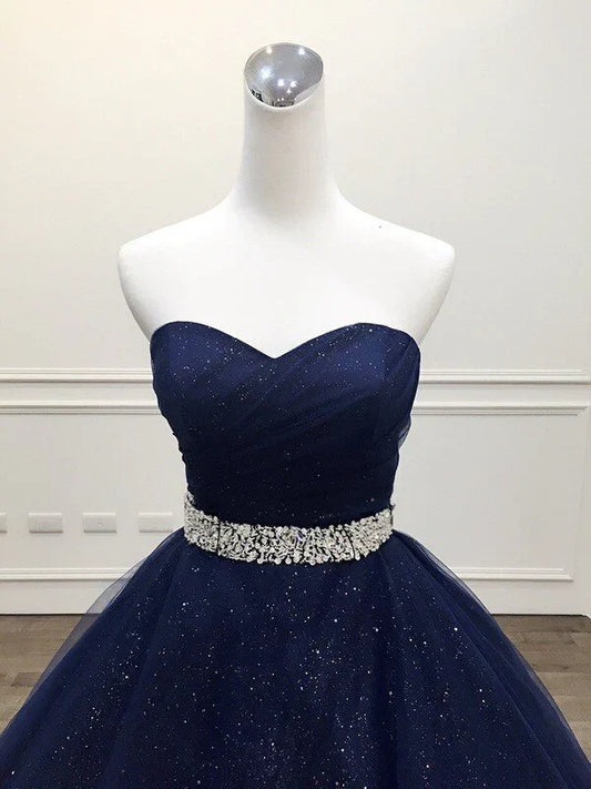 Vestido de fiesta de quinceañera de tul azul marino con cuentas, vestido de fiesta de tul azul brillante TP1303