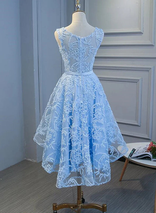 Blue Lace High Low Simple Round Neckline Party Dress, Blue Short Prom Dress TP1305