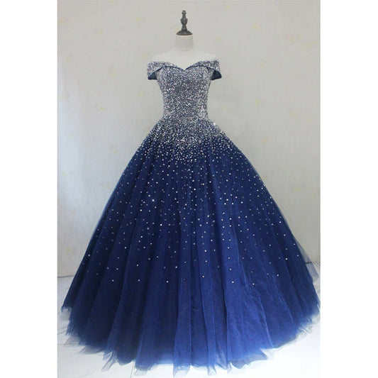 Vestido de fiesta de quinceañera con escote corazón y lentejuelas azules, de tul azul TP1306