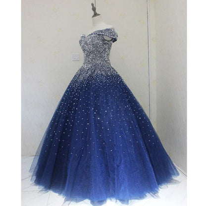 Vestido de fiesta de quinceañera con escote corazón y lentejuelas azules, de tul azul TP1306