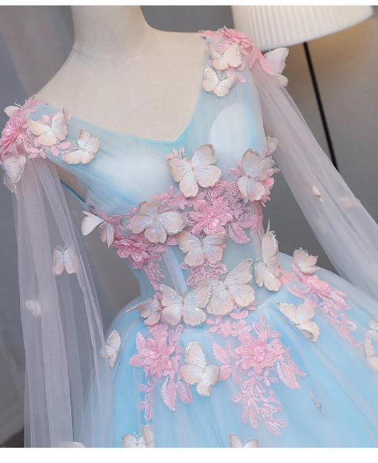 Cute Blue Fairy Butterfly Lace Ball Gown Prom Dress, Sweet 16 Party Dress TP1311