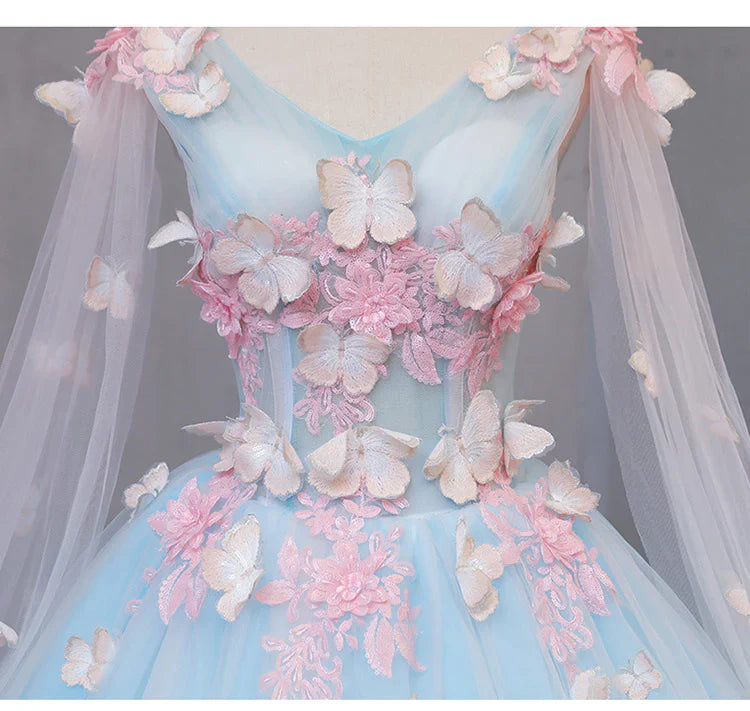 Cute Blue Fairy Butterfly Lace Ball Gown Prom Dress, Sweet 16 Party Dress TP1311