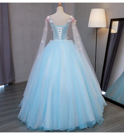 Cute Blue Fairy Butterfly Lace Ball Gown Prom Dress, Sweet 16 Party Dress TP1311