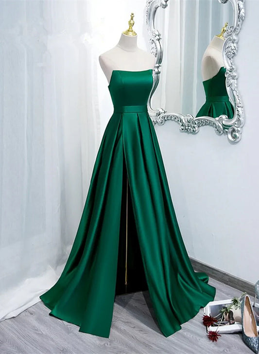 Vestido de noche largo de satén verde sencillo con abertura, vestido de fiesta verde de corte A TP1313