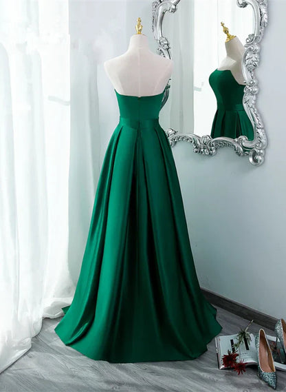 Vestido de noche largo de satén verde sencillo con abertura, vestido de fiesta verde de corte A TP1313