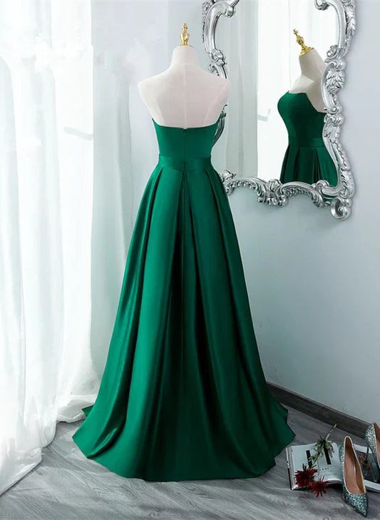 Vestido de noche largo de satén verde sencillo con abertura, vestido de fiesta verde de corte A TP1313