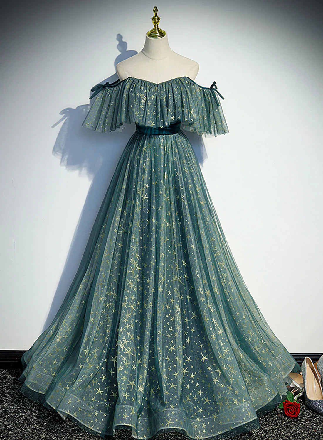 Vestido formal largo de tul verde con hombros descubiertos, corte A, vestido de fiesta verde, vestido de graduación TP1315