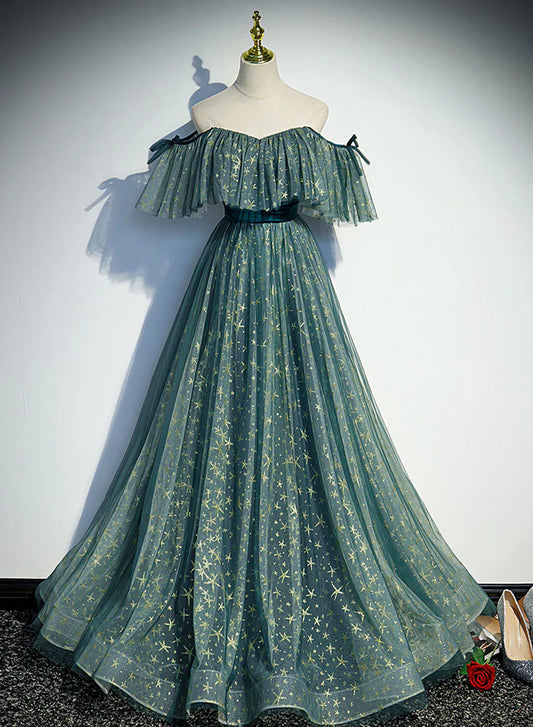 Vestido formal largo de tul verde con hombros descubiertos, corte A, vestido de fiesta verde, vestido de graduación TP1315