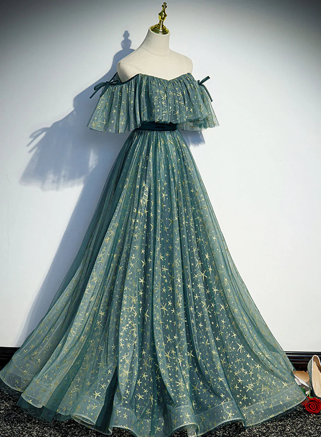 Vestido formal largo de tul verde con hombros descubiertos, corte A, vestido de fiesta verde, vestido de graduación TP1315