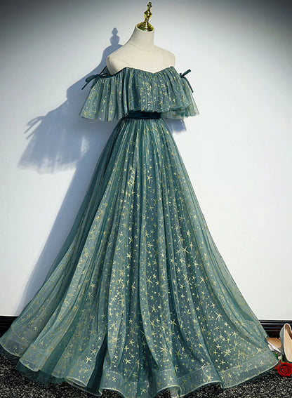 Vestido formal largo de tul verde con hombros descubiertos, corte A, vestido de fiesta verde, vestido de graduación TP1315