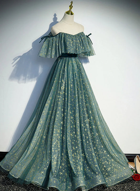 Vestido formal largo de tul verde con hombros descubiertos, corte A, vestido de fiesta verde, vestido de graduación TP1315