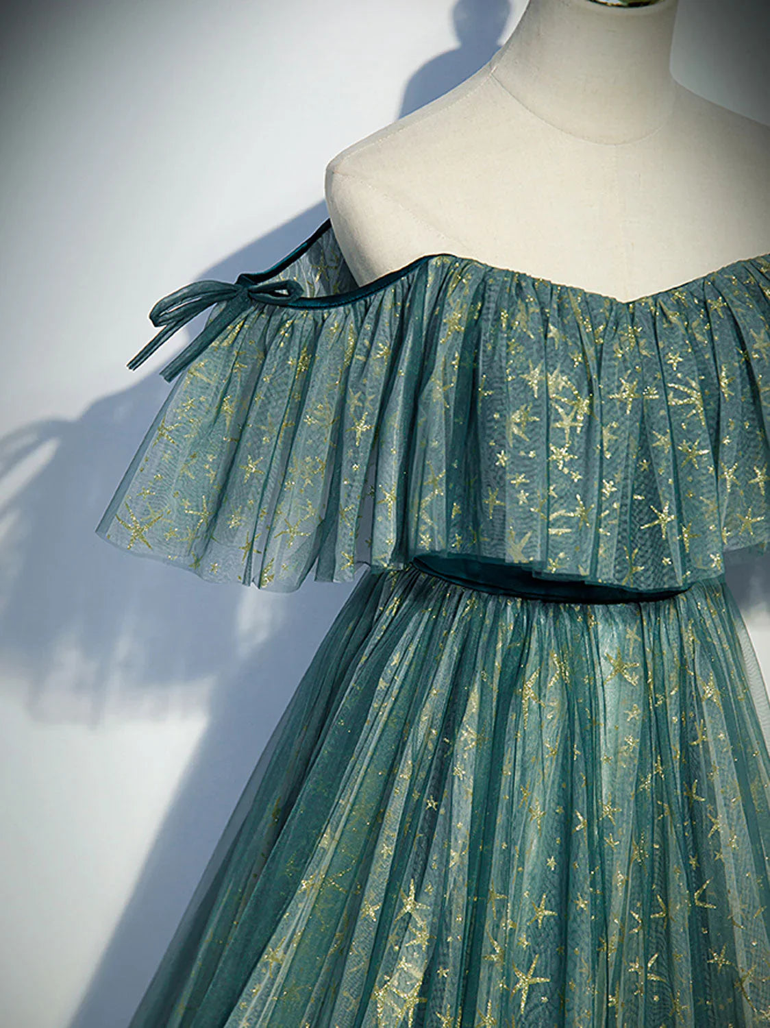 Vestido formal largo de tul verde con hombros descubiertos, corte A, vestido de fiesta verde, vestido de graduación TP1315