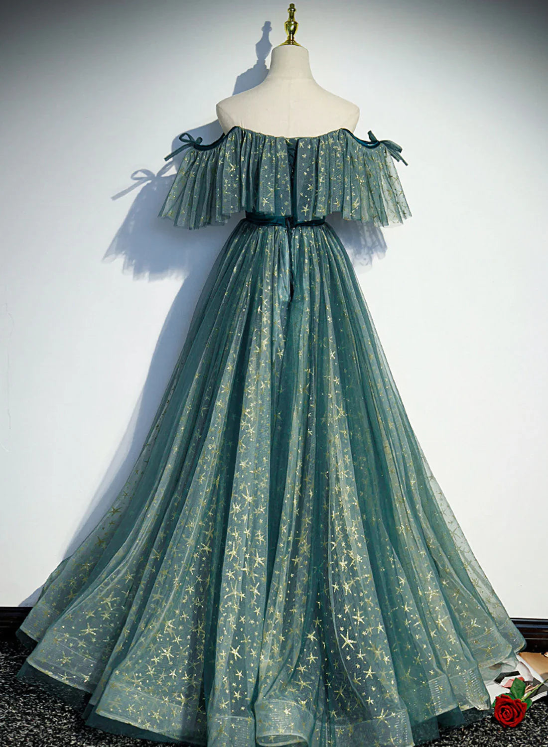 Vestido formal largo de tul verde con hombros descubiertos, corte A, vestido de fiesta verde, vestido de graduación TP1315