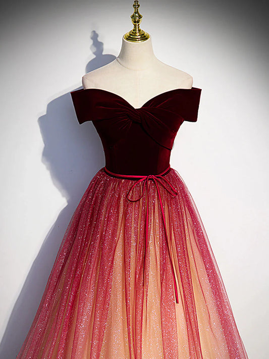 Vestido de fiesta largo con hombros descubiertos en terciopelo y tul rojo vino, vestido de fiesta juvenil rojo vino TP1316