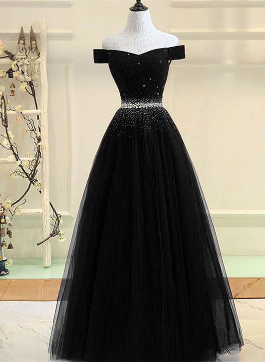 Vestido de fiesta largo de tul con hombros descubiertos y cuentas negras, vestido de fiesta negro de corte A TP1319