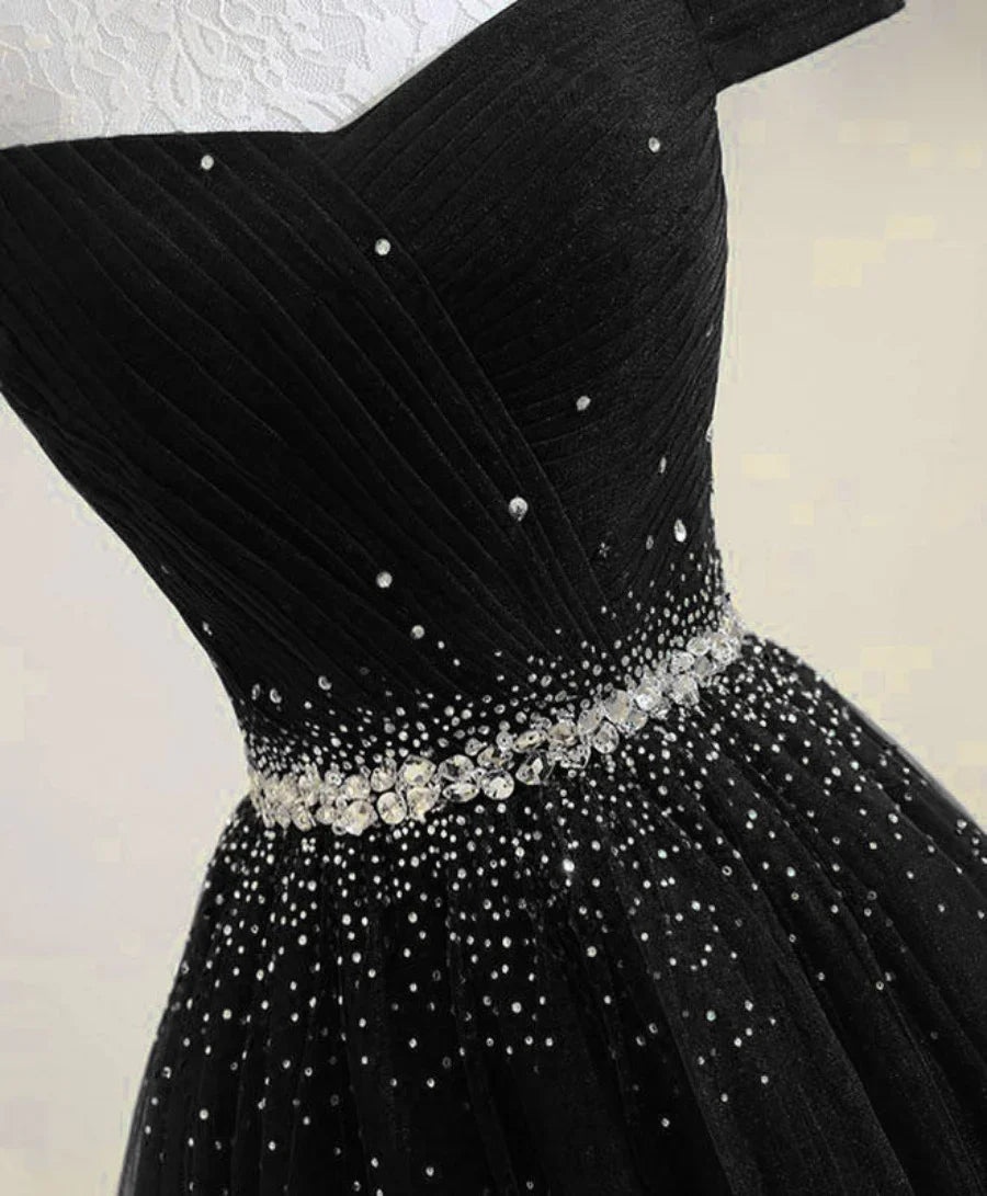 Black Beaded Off Shoulder Tulle Long Party Dress, Black A-line Prom Dress TP1319