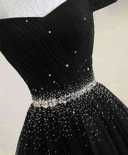 Black Beaded Off Shoulder Tulle Long Party Dress, Black A-line Prom Dress TP1319