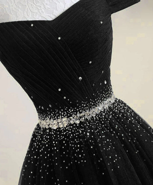Vestido de fiesta largo de tul con hombros descubiertos y cuentas negras, vestido de fiesta negro de corte A TP1319