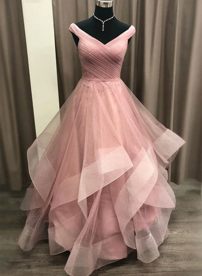 Vestido formal largo con capas de tul rosa, vestido de fiesta de corte A de tul rosa TP1320