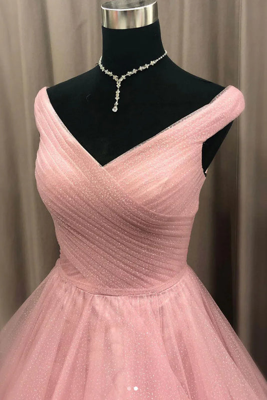 Vestido formal largo con capas de tul rosa, vestido de fiesta de corte A de tul rosa TP1320