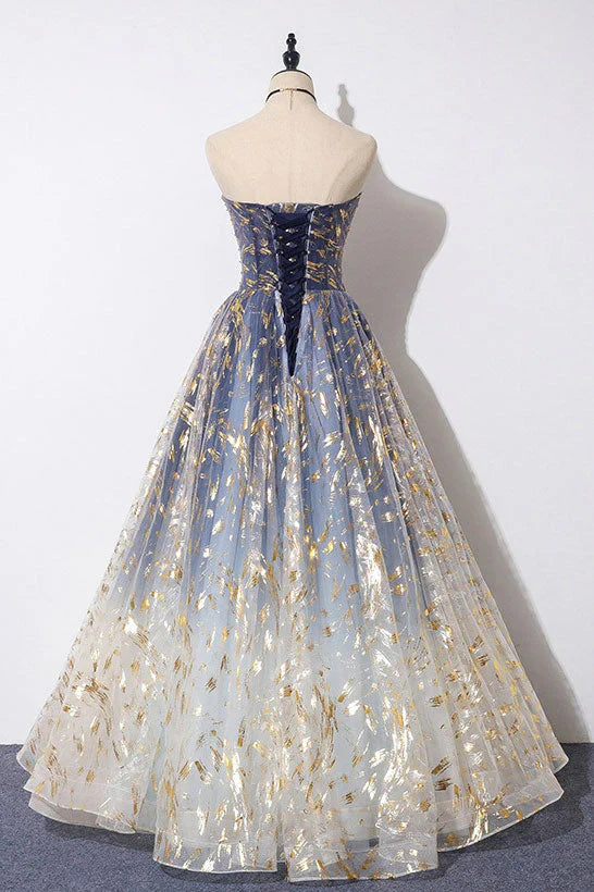Blue Tulle A-line Gradient Long Formal Dress, A-line Blue Evening Dress Prom Dress TP1322
