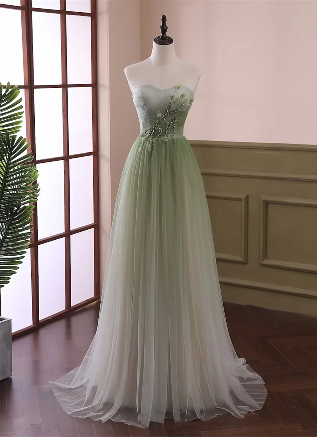 Hermoso vestido formal de tul verde claro, corte A, vestido de fiesta verde, vestido de graduación TP1329