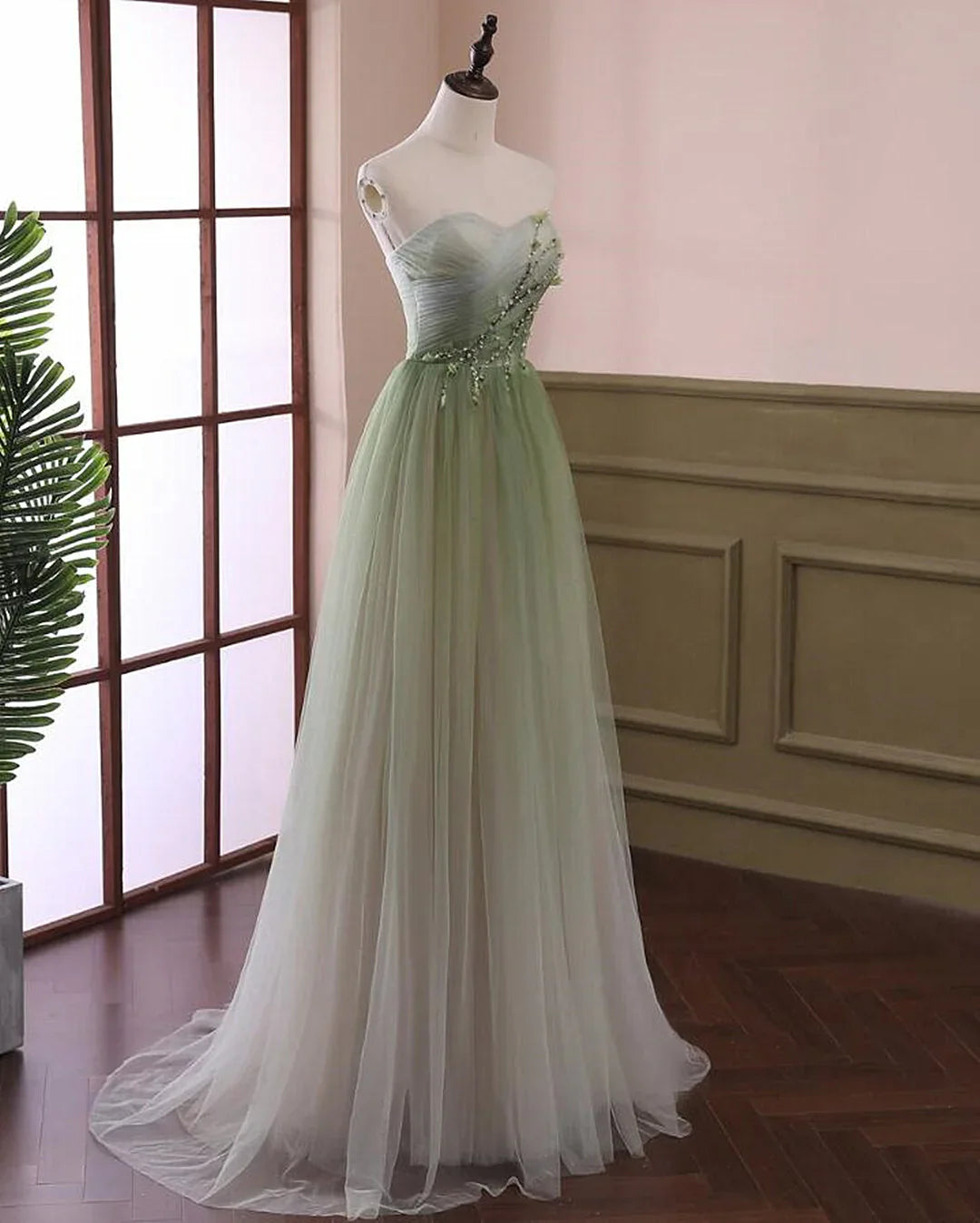Hermoso vestido formal de tul verde claro, corte A, vestido de fiesta verde, vestido de graduación TP1329