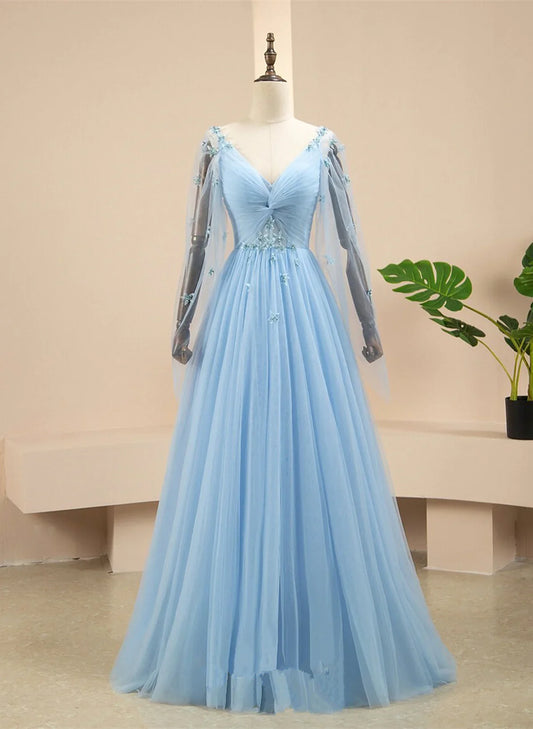 Hermoso vestido de fiesta azul claro con corte en A y mangas abullonadas, vestido de noche azul claro, vestido de graduación TP1335