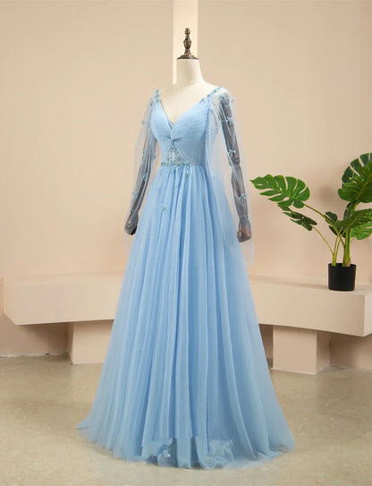 Hermoso vestido de fiesta azul claro con corte en A y mangas abullonadas, vestido de noche azul claro, vestido de graduación TP1335