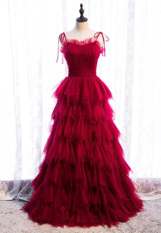 A-Line Long Spaghetti Strap Prom Dresses, Cute Layers Tulle Evening Dresses TP1343