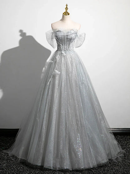 Vestido de fiesta brillante con hombros descubiertos y corte en A, de tul gris, largo hasta el suelo, TP1346