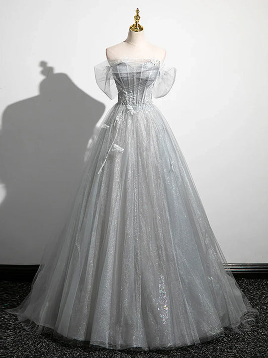 Vestido de fiesta brillante con hombros descubiertos y corte en A, de tul gris, largo hasta el suelo, TP1346