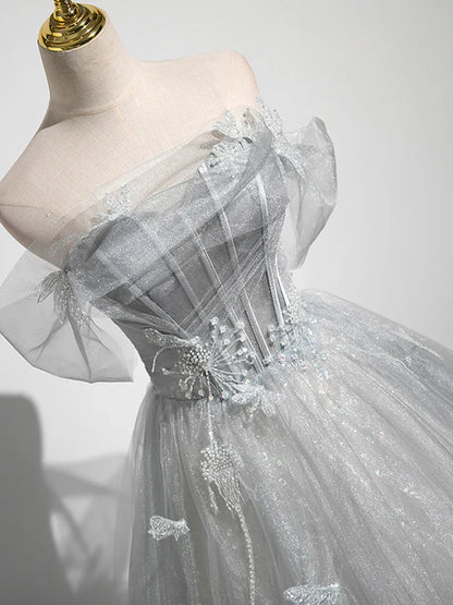 Vestido de fiesta brillante con hombros descubiertos y corte en A, de tul gris, largo hasta el suelo, TP1346